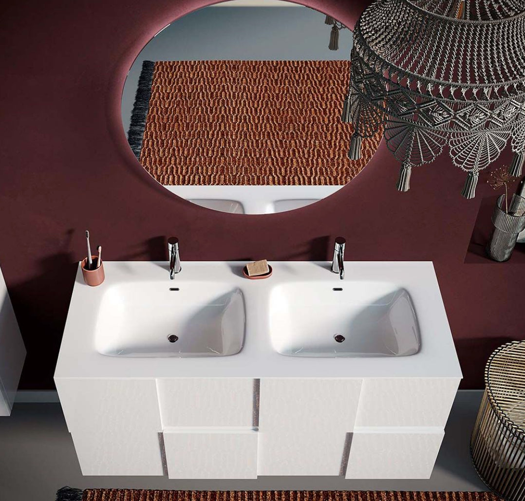 Mobile bagno a terra doppio lavabo e 3 cassetti, finitura Bianco lucido 