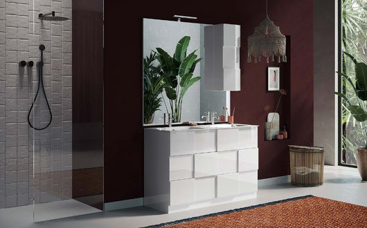 Mobile bagno a terra doppio lavabo e 3 cassetti, finitura Bianco lucido 