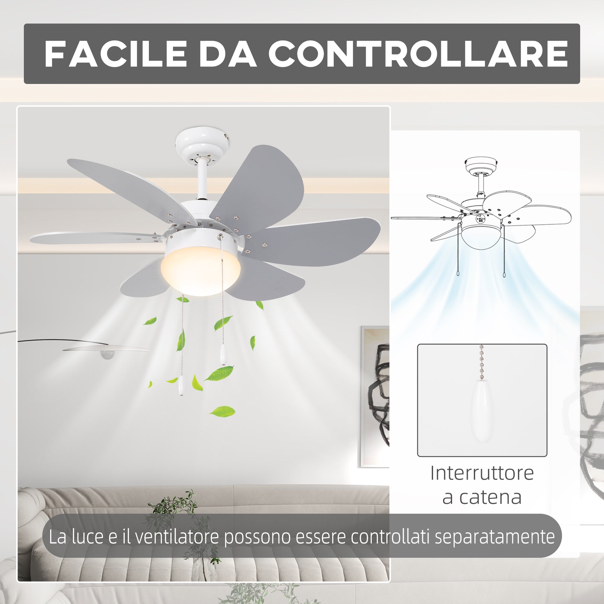 Ventilatore a Soffitto con Luce LED e Interruttore a Catena Ø76x41.5 cm in MDF e Acrilico Grigio e Bianco