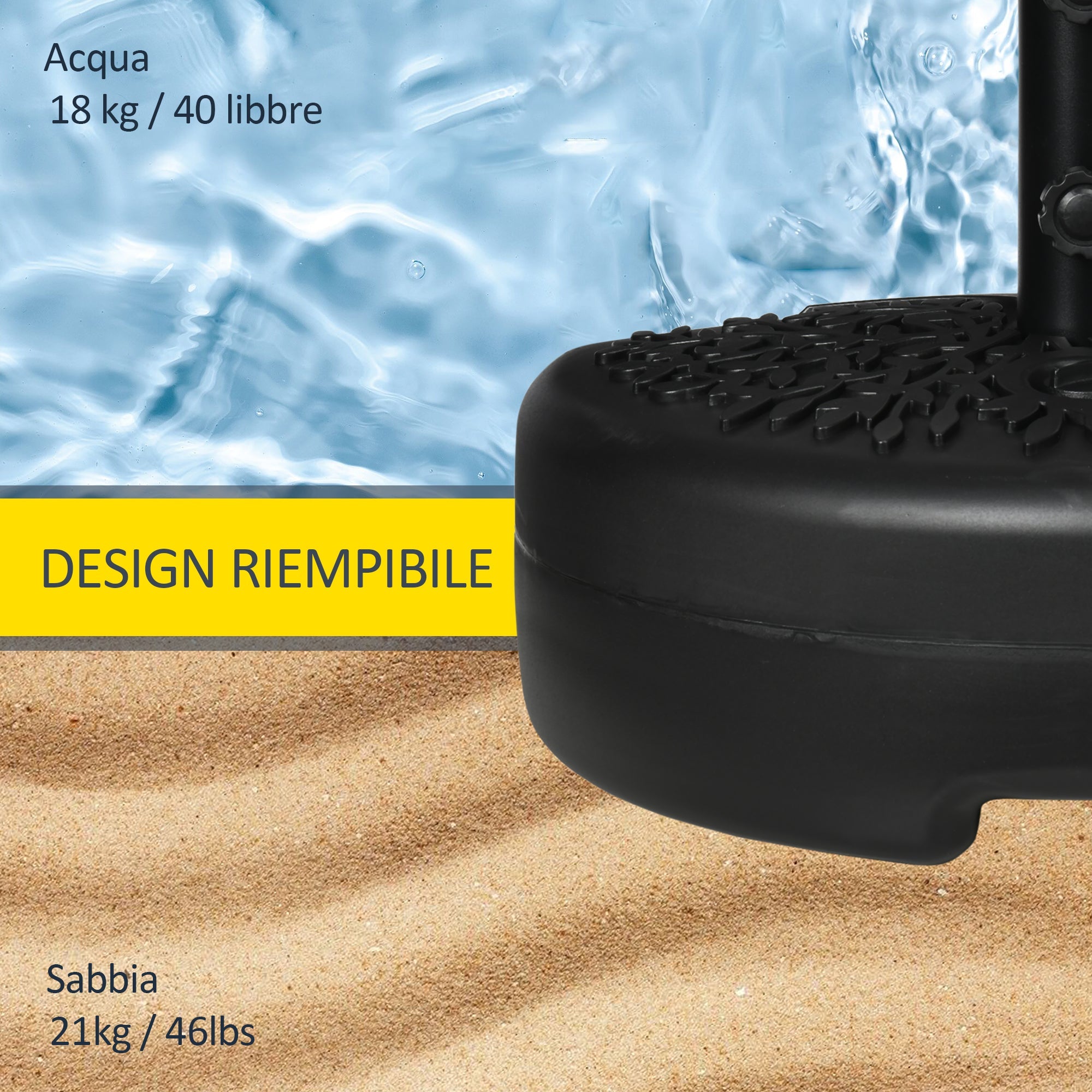 Base per Ombrellone Semicircolare Riempibile con Sabbia o Acqua per Pali 38-48mm Nero