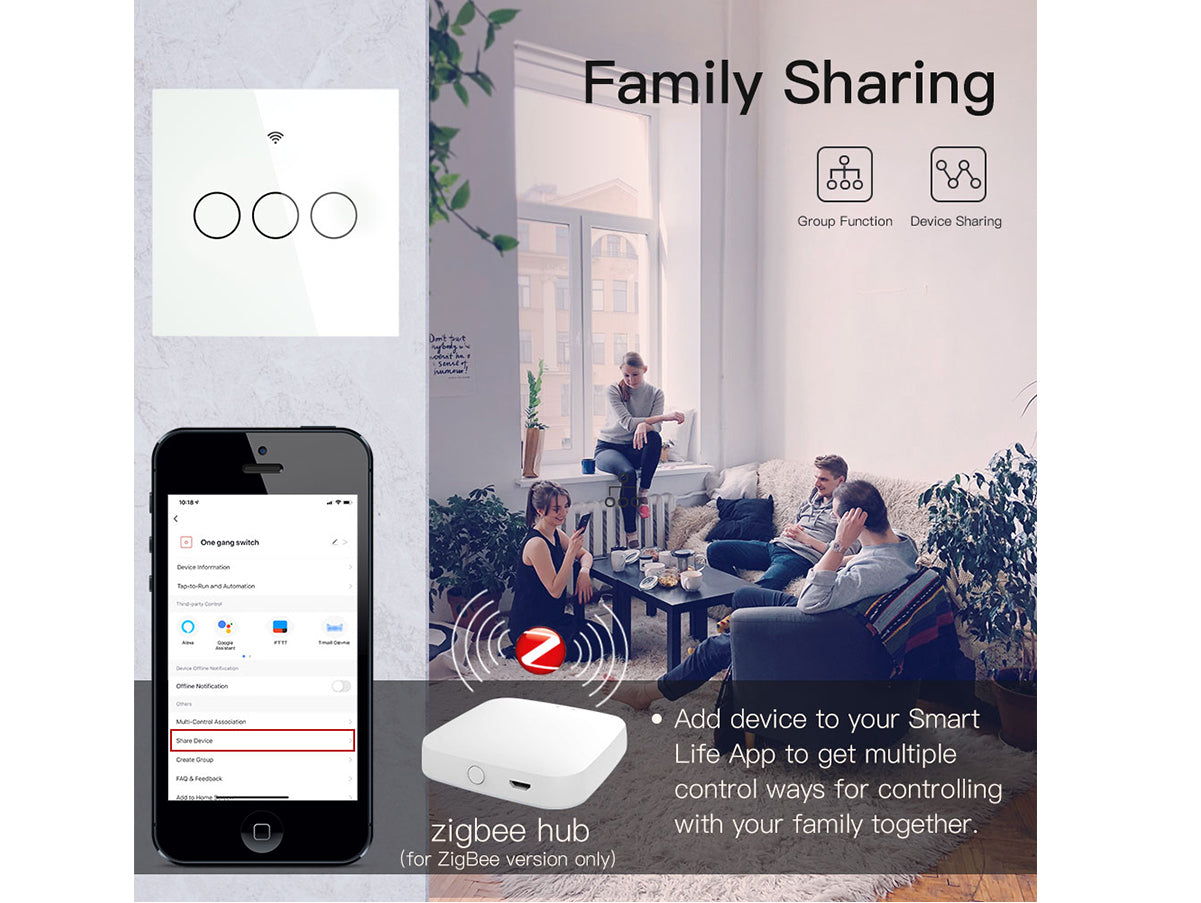 ZigBee Interruttore Smart Da Parete Con 3 Tasti Touch Con Pannello in Cristallo App Tuya Colore Bianco Scatola 503