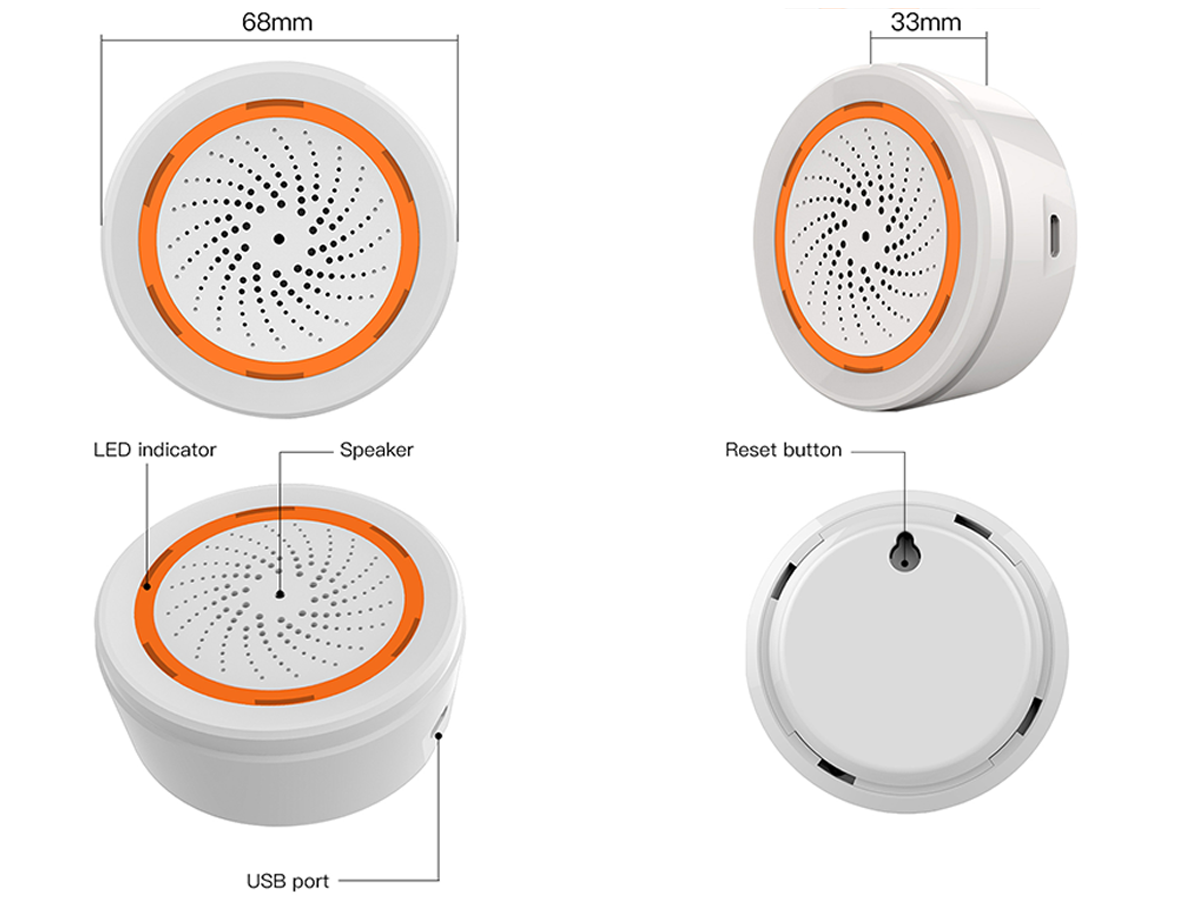 ZigBee Sirena Allarme Sonoro Massimo 90dB Doppio Alimentazione Tempo Suono Regolabile