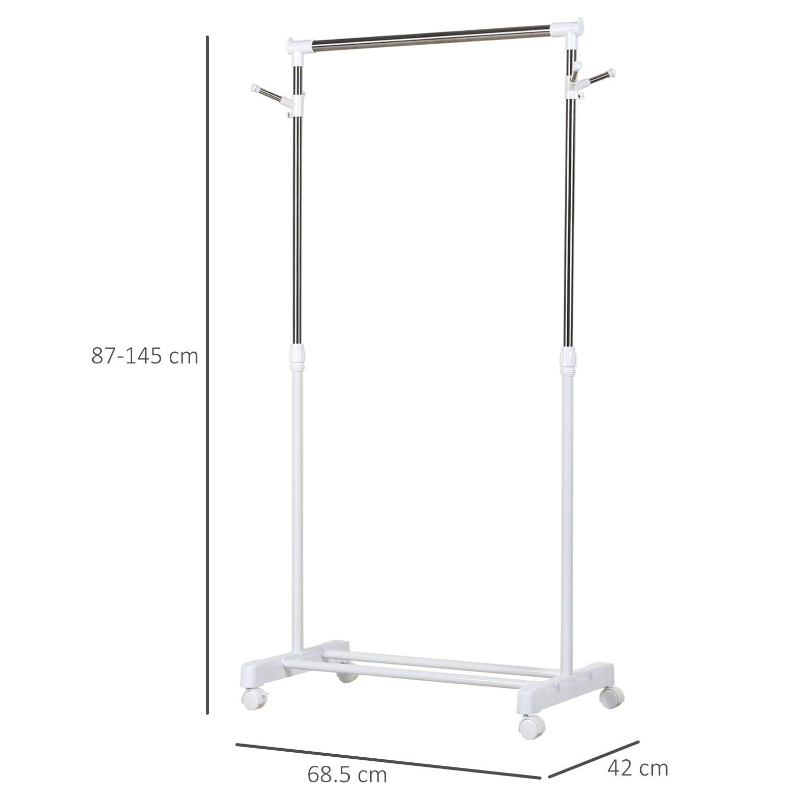 Stender Porta Abiti ad Altezza Regolabile 68,5x42x87-145 cm con Fondo Portaoggetti Argento e Bianco