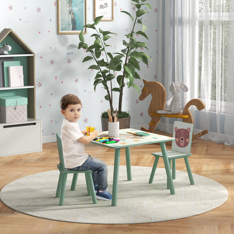 Set Tavolo con 2 Sedie per Bambini in Legno di Pino e MDF Verde