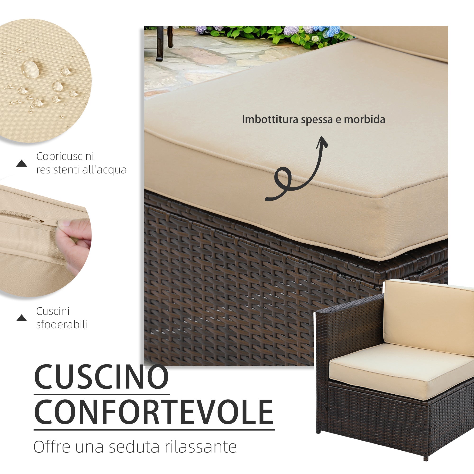 Set Salotto da Giardino 4 Poltrone 2 Poltrone Angolari e 2 Tavolini in Rattan PE Marrone