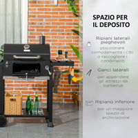 Barbecue a Carbone Griglia Regolabile con Coperchio Ruote e Tavolini Nero