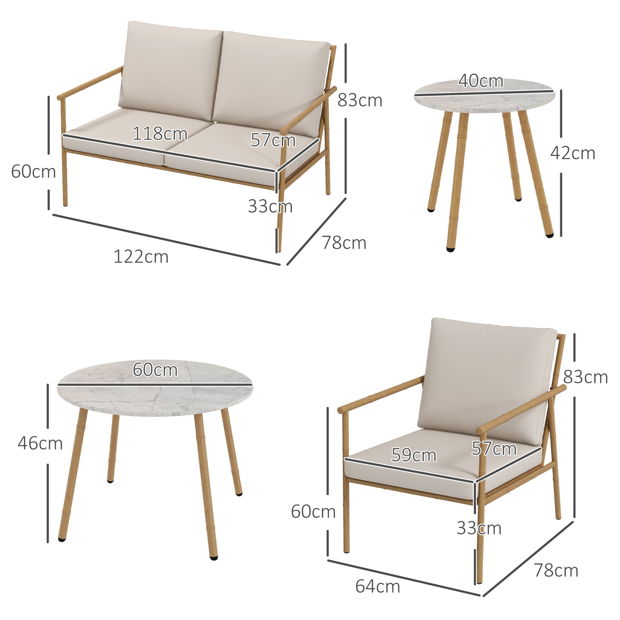 Set Salotto da Giardino con Divano 2 Poltroncine e 2 Tavolini Effetto Bambù con Cuscini Marrone