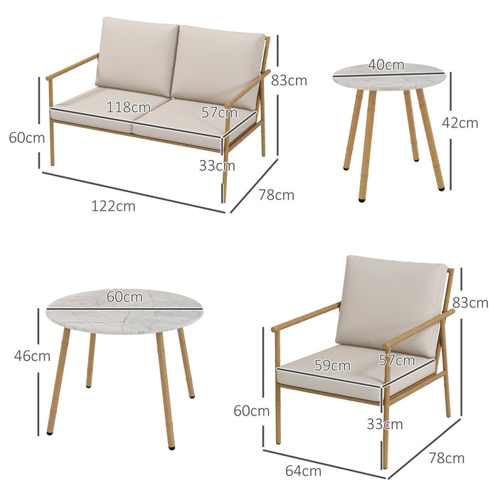 Set Salotto da Giardino con Divano 2 Poltroncine e 2 Tavolini Effetto Bambù con Cuscini Marrone