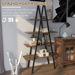 Libreria 4 Livelli a Forma di A 92x38,5x166 cm in Truciolato e Acciaio Marrone Rustico e Nero