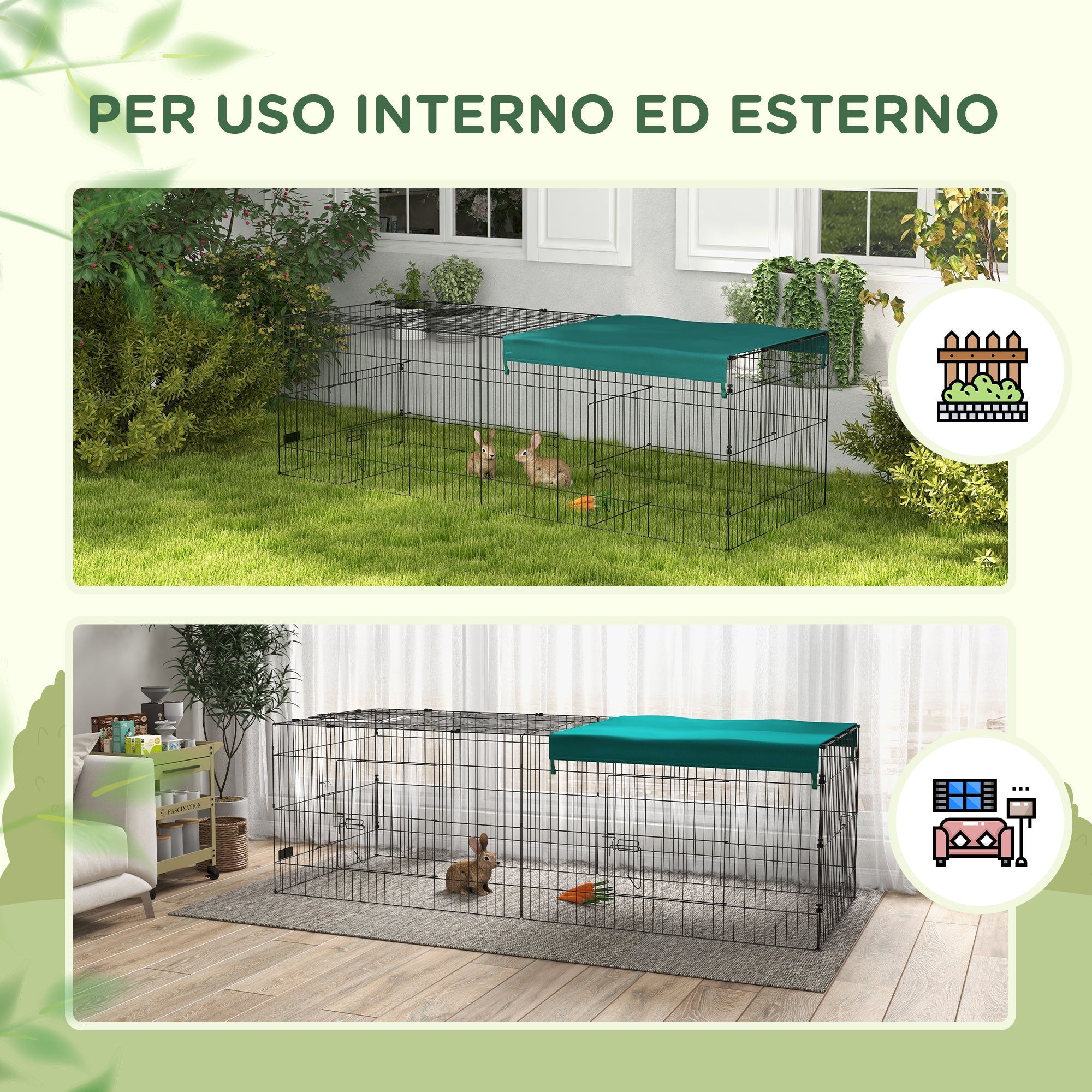 Gabbia per Conigli da Esterno 220x85x70 cm in Acciaio e Tessuto Oxford Verde