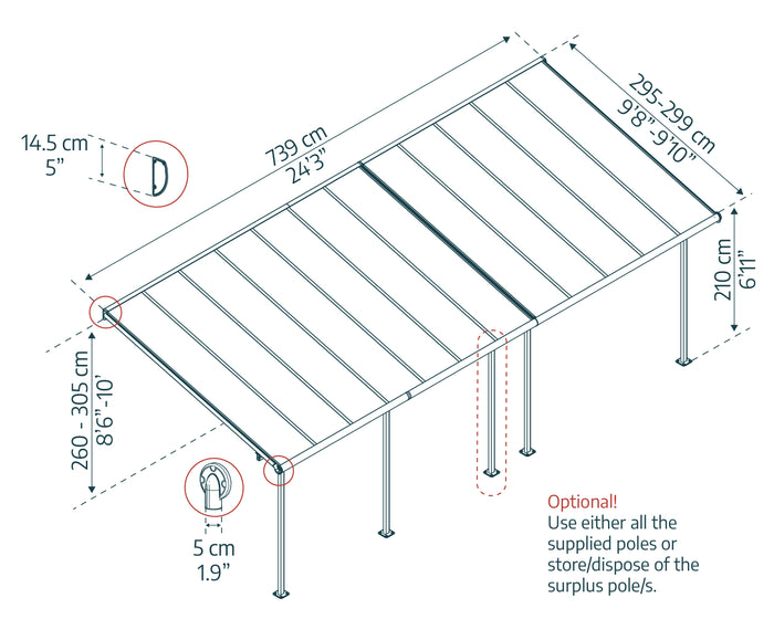 Pergola Sierra Addossata in Alluminio  3X7.4 m Grigio  