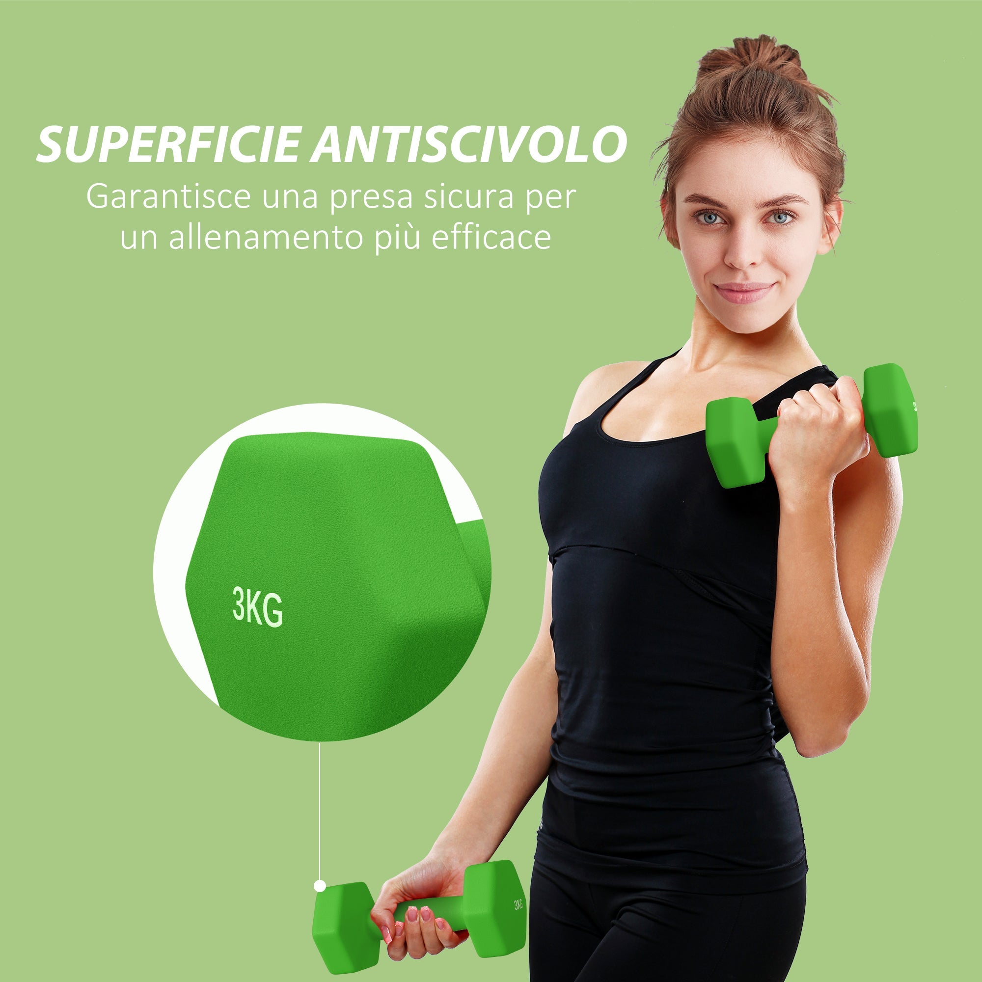 Set 2 Manubri Palestra 3 kg Pesi esagonali per Allenamento Verde