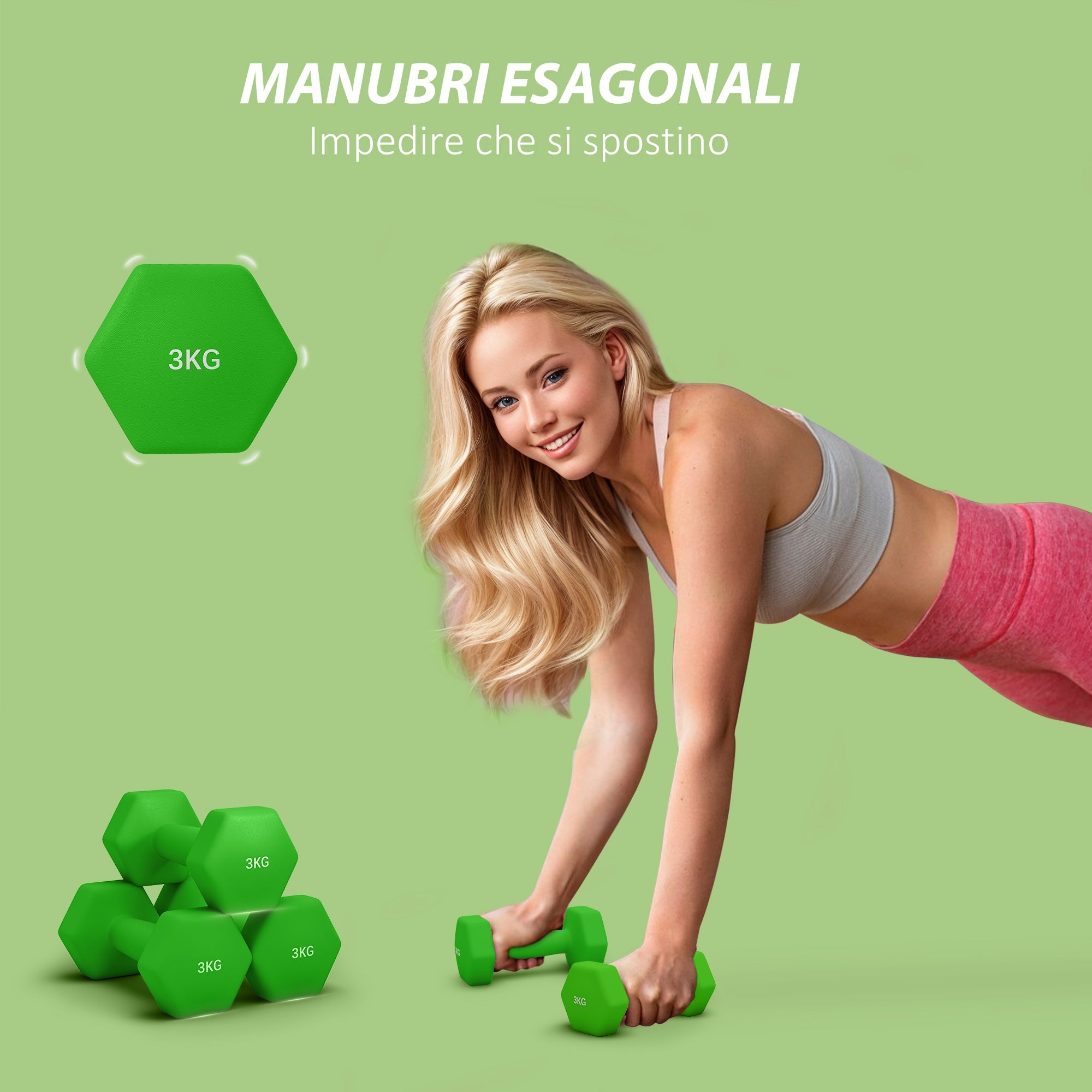 Set 2 Manubri Palestra 3 kg Pesi esagonali per Allenamento Verde