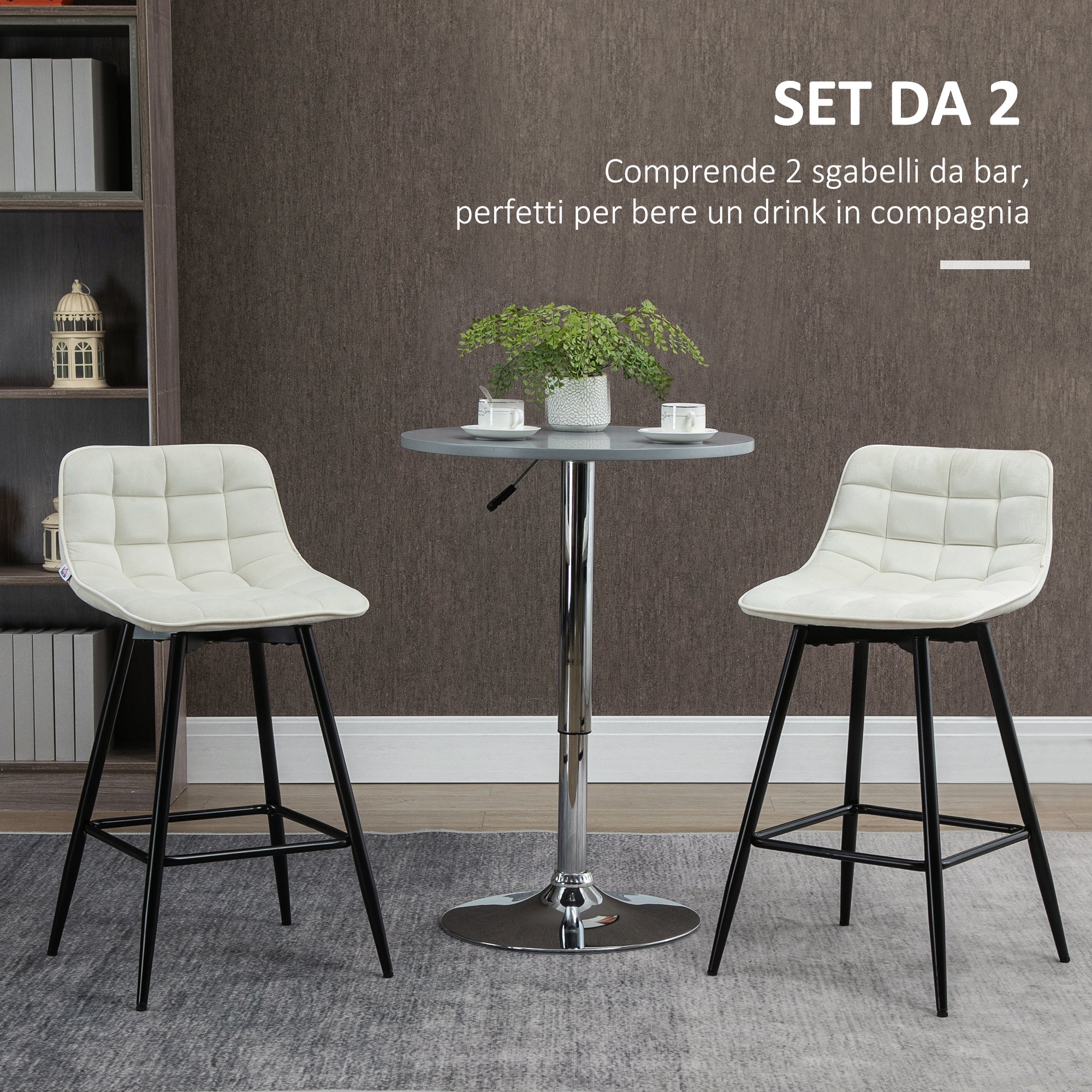 Set 2 Sgabelli da Bar 45x47x88 cm in Metallo e Velluto Crema