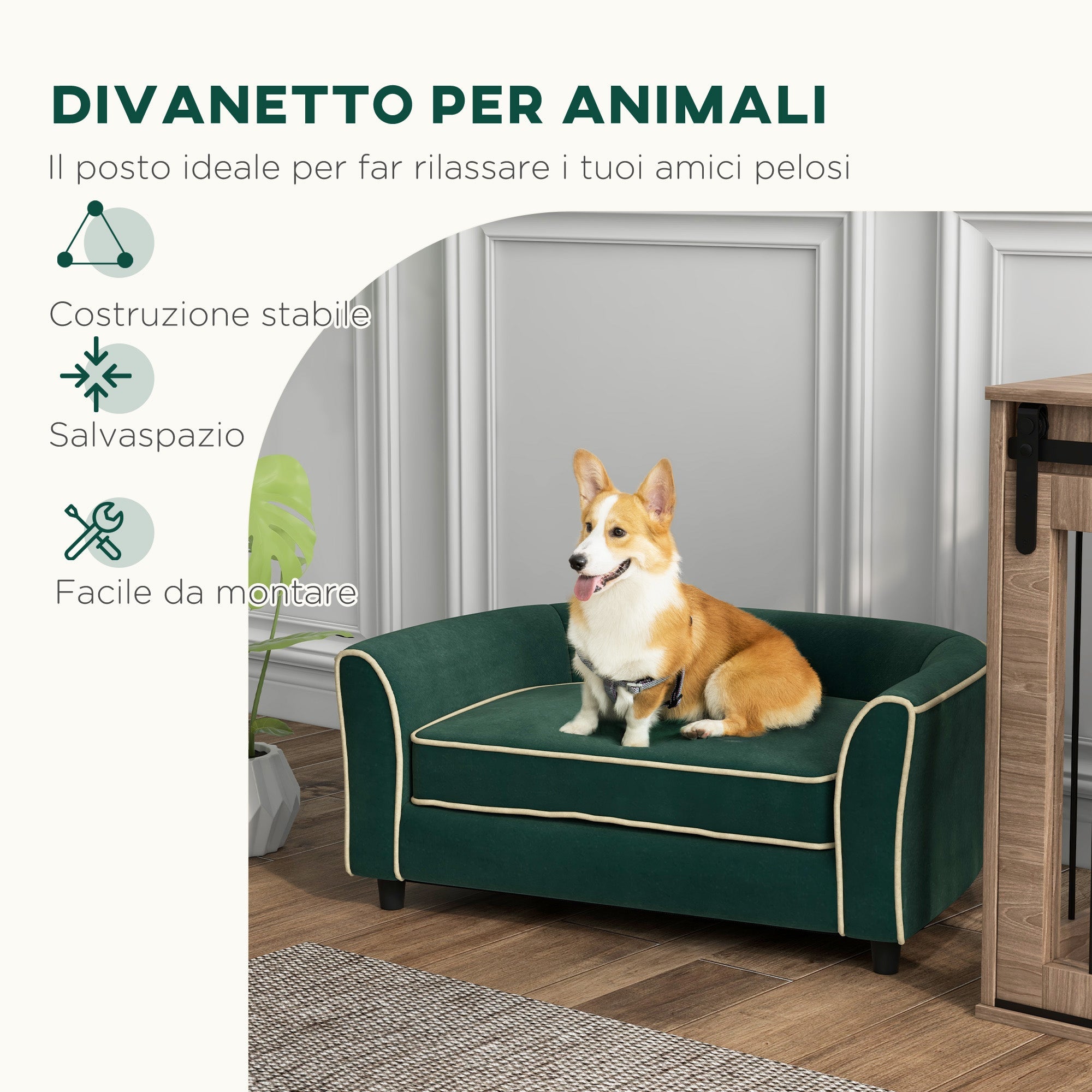 Cuccia Divano per Cani Taglia Piccola e Media con Cuscino 79x56x35 cm in Velluto Verde Scuro