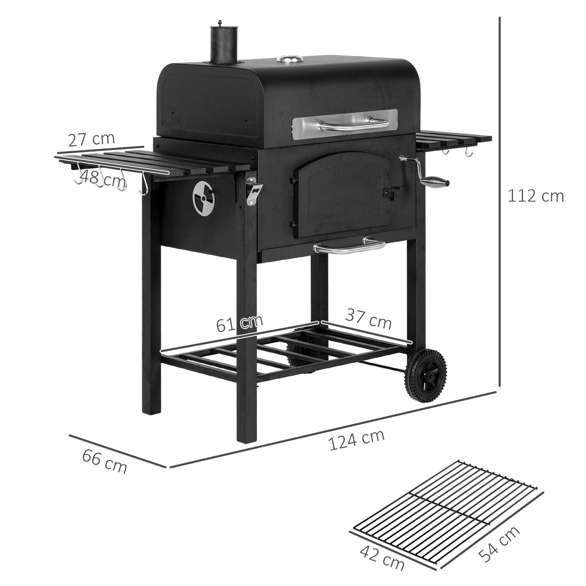 Barbecue da Giardino a 2 Ruote con Griglia Affumicatore e Fornello 124x66x112 cm in Metallo e Ghisa Nero