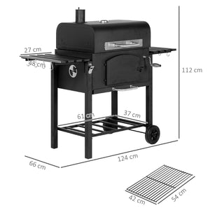 Barbecue da Giardino a 2 Ruote con Griglia Affumicatore e Fornello 124x66x112 cm in Metallo e Ghisa Nero