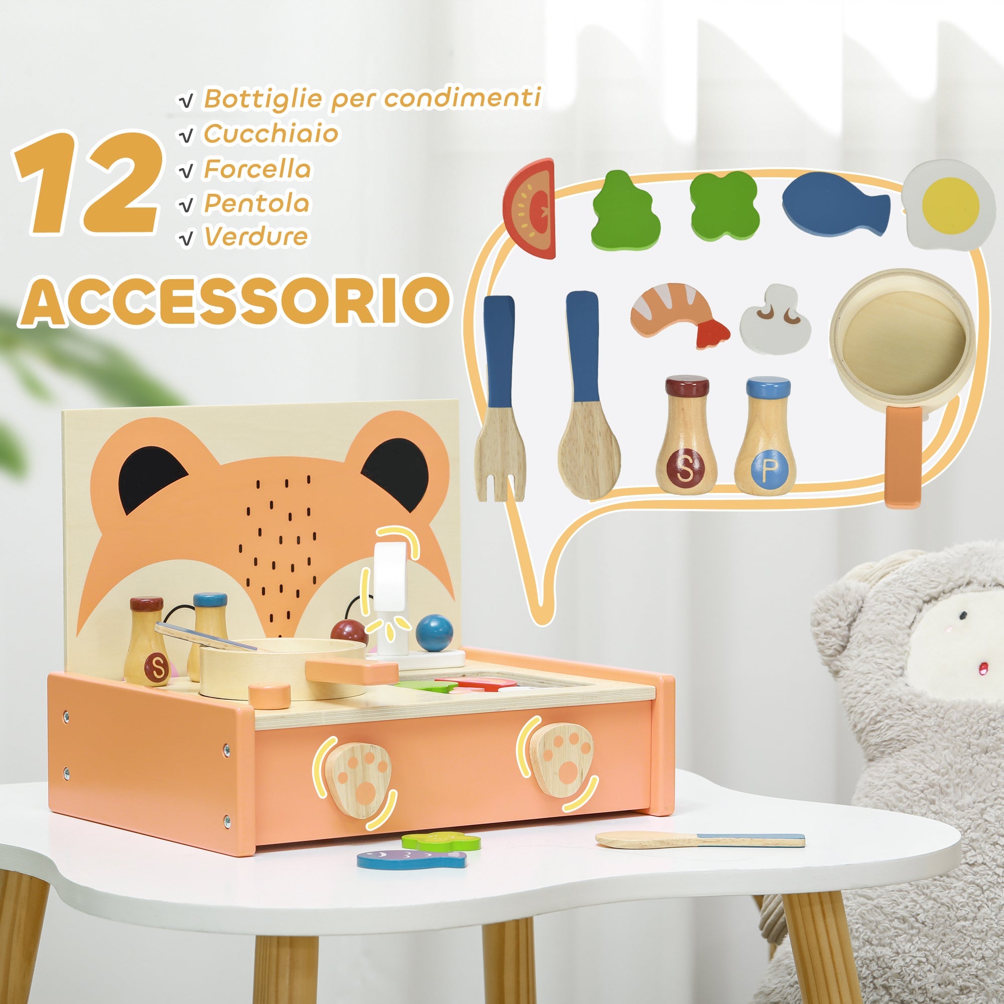 Cucina Giocattolo per Bambini Fornello e 12 Accessori in Legno