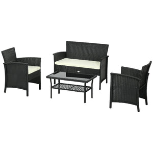 Set Salotto da Giardino Divano 2 Poltrone con Cuscini e Tavolino in Vetro in Rattan PE Nero