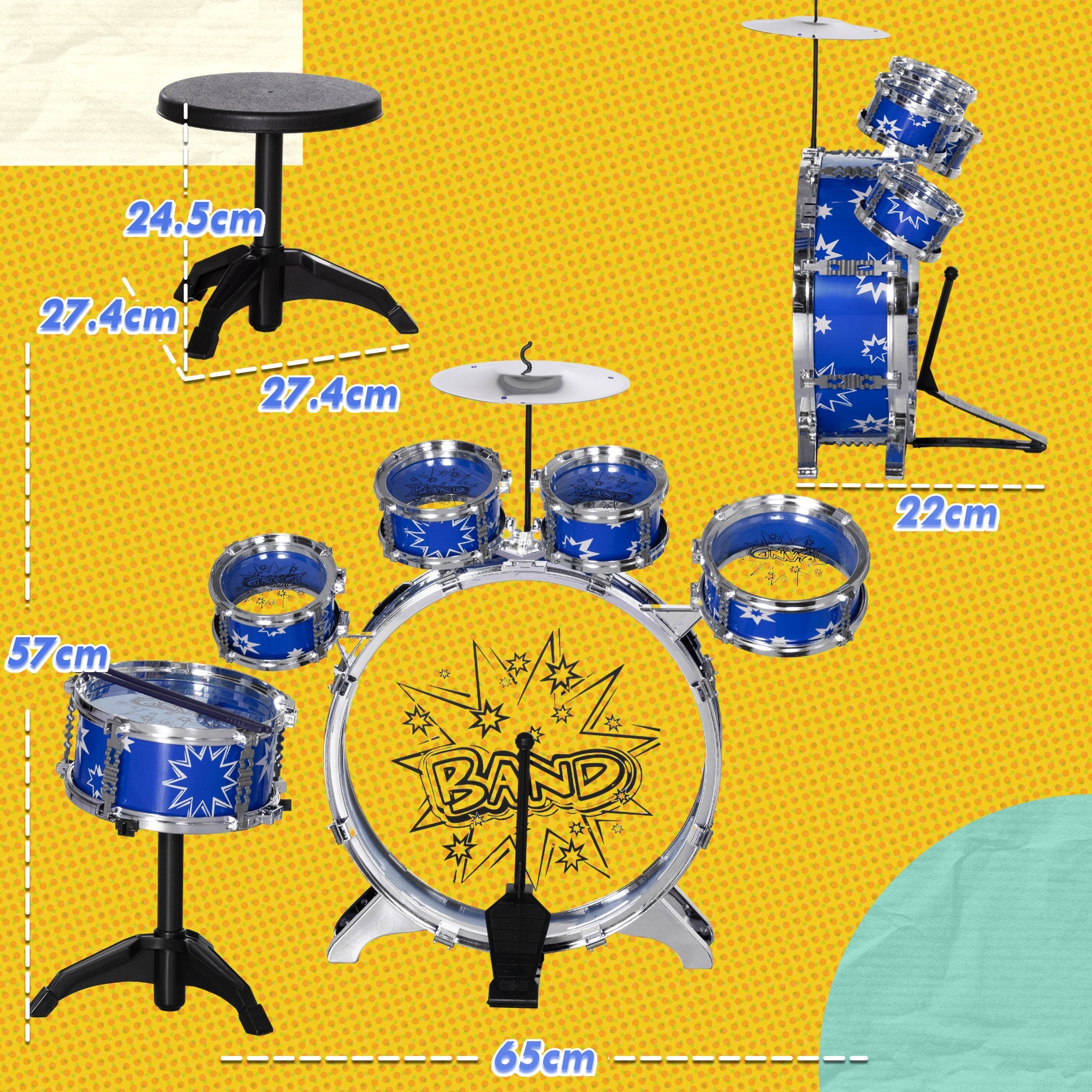 Batteria Musicale Giocattolo per Bambini Grancassa 5 Tamburi e Piatti con Bacchette e Sgabello Blu