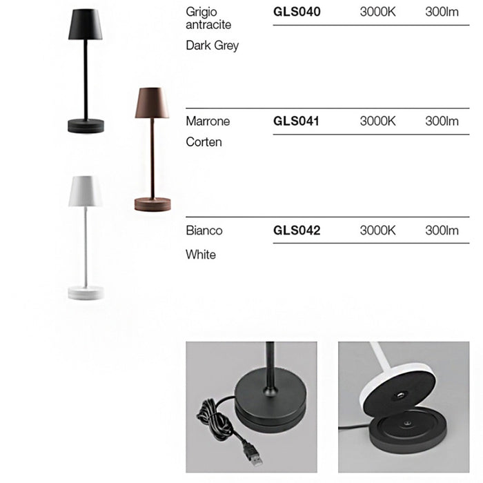 Abat-jour esterno batteria gea led gls040 300lm ip54 antracite lampada tavolo base usb touch, finitura metallo marrone