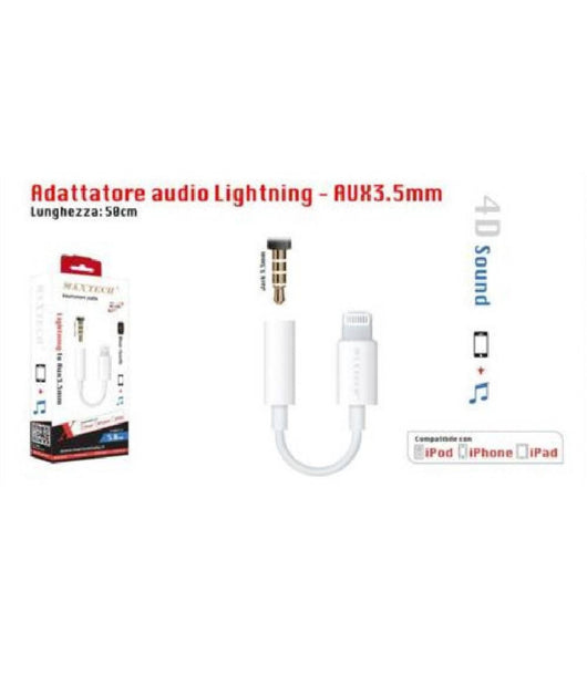 Adattatore Audio Lightning A Jack Aux 3,5mm Per Ipod Iphone Ipad Maxtech Ad-ip01         