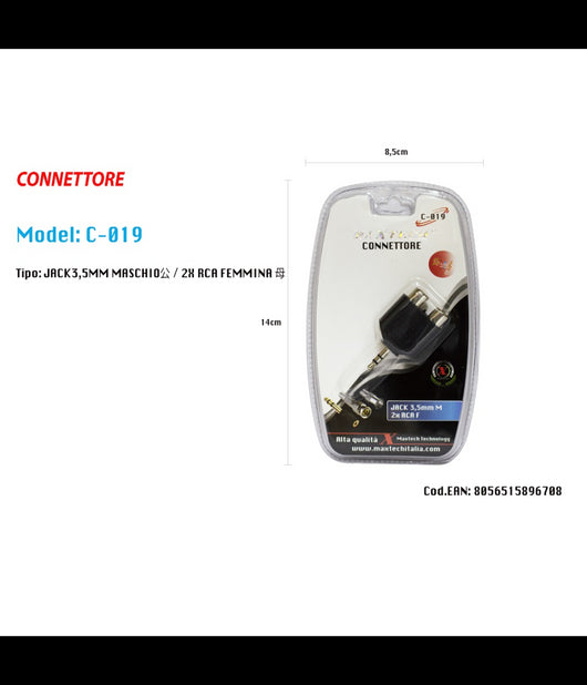 Adattatore Audio Stereo Jack 3.5 Mm Maschio A 2 Rca Femmina Audio Maxtech C-019         