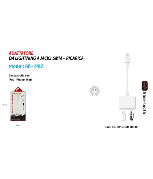 Adattatore Lightning Jack 3.5mm Ricarica Bluetooth Ipod Ipad Maxtech Ad-ip02         