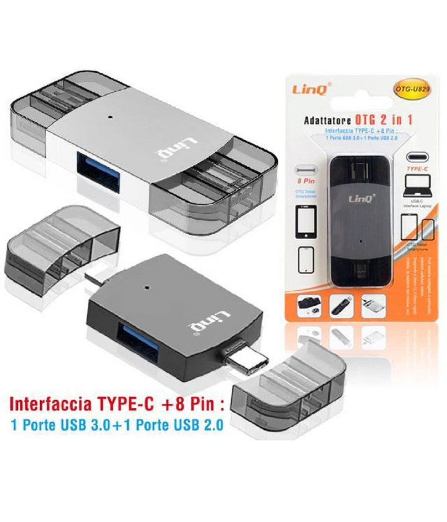 Adattatore Otg 2in1 Type-c + Lightning + 2xusb Femmina Otg-u829 Trasferimento Dati         