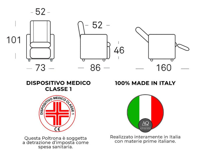 Poltrona Alzapersona Elettrica 2 Motori 73x101x86 cm Adele in Microfibra Dispositivo Medico 1 Bordeaux