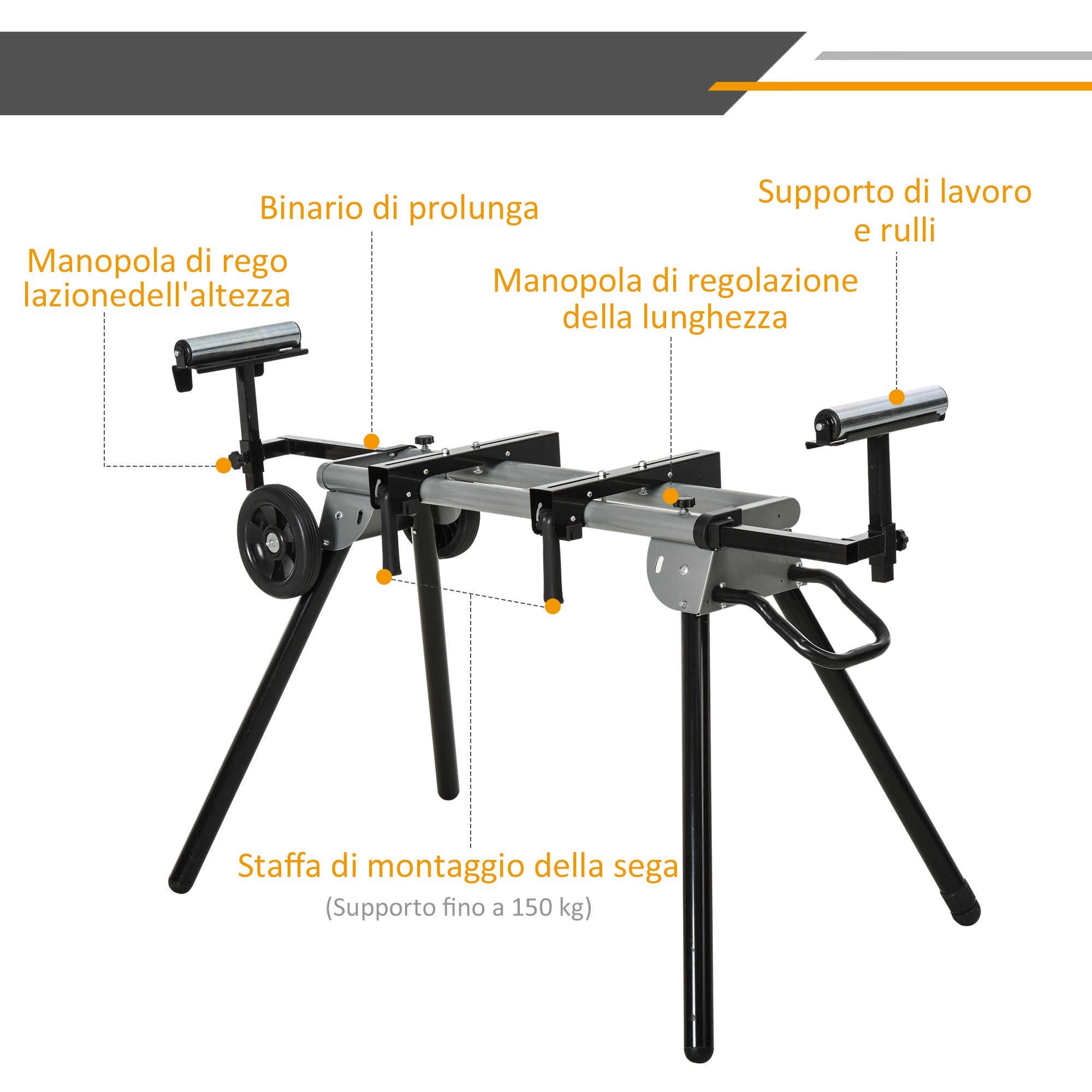 Cavalletto per Sega Troncatrice Universale Estensibile e Pieghevole Capacità 150 kg Nero e Argento