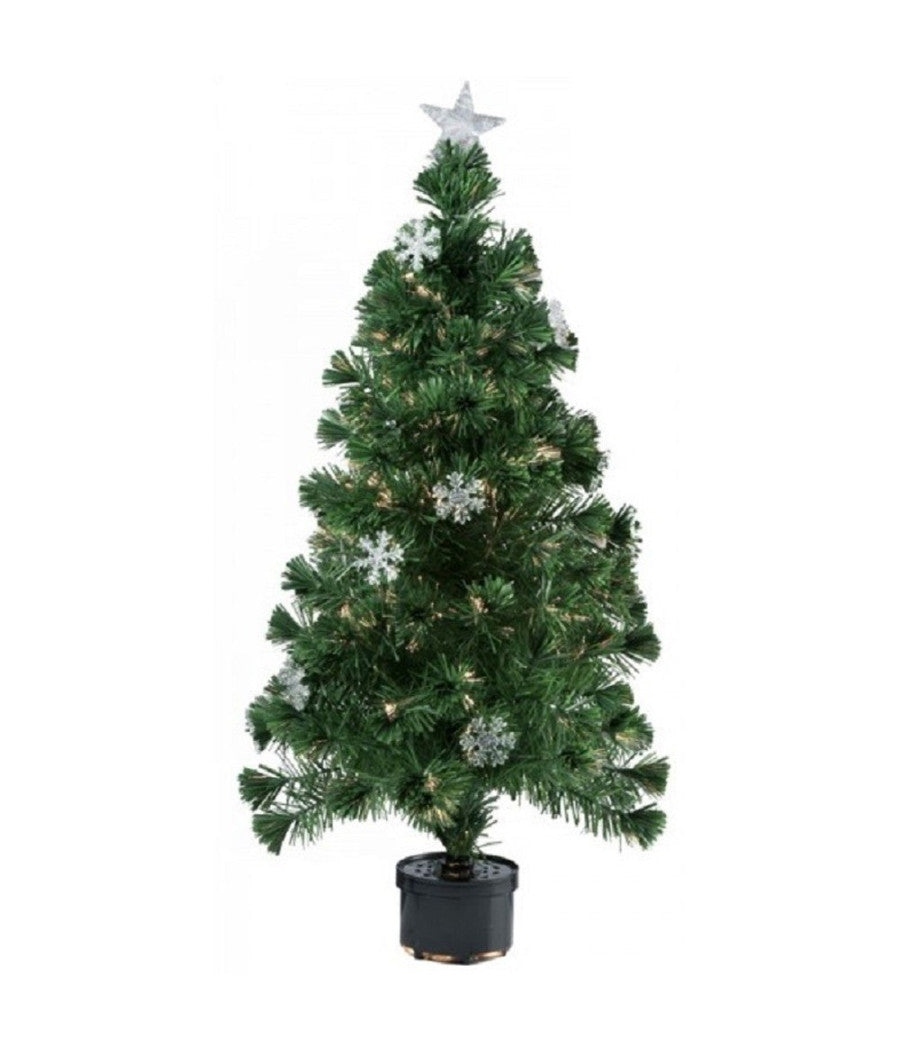 Albero Di Natale Fibra Ottica Snow 120cm 140 Punte 18 Fiocchi Di Neve Verde         