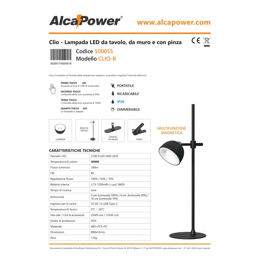 Alca power clio lampada da tavolo ricaricabile da 2,5w 180lm 3 in 1 portatile