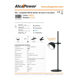 Alca power clio lampada da tavolo ricaricabile da 2,5w 180lm 3 in 1 portatile