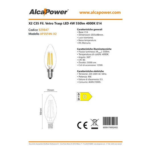 Alca power lampada a led oliva a filamento da 4w e14 550lm 4000°k - 2pz