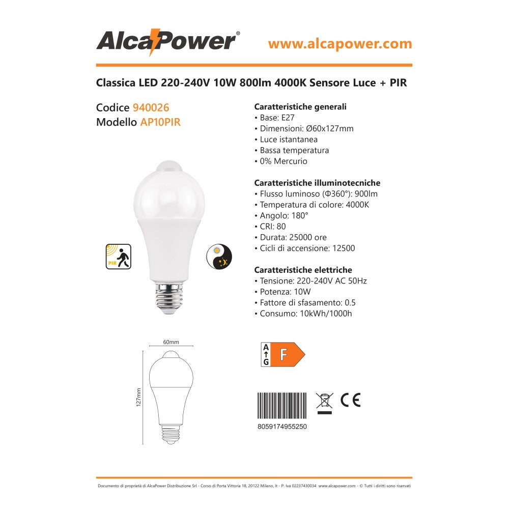 Alca power lampada classica a led pir da 10w 900lm 4000k e27