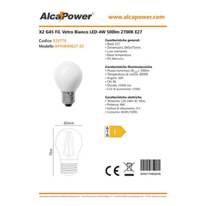 Alca power lampada classica a led vetro bianco da 4w 500lm 4000k e27 - 2pz