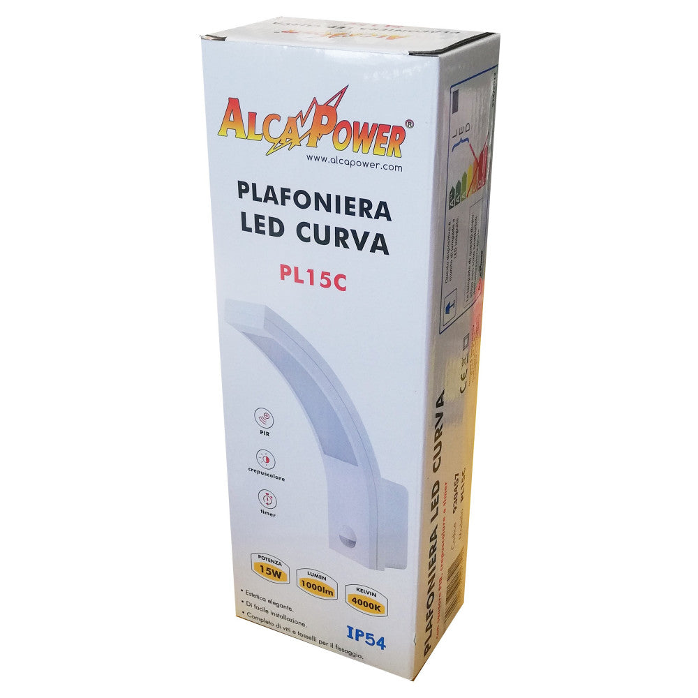 Alca power plafoniera a led da 15w ip54 curva + sensore - per esterni ed interni