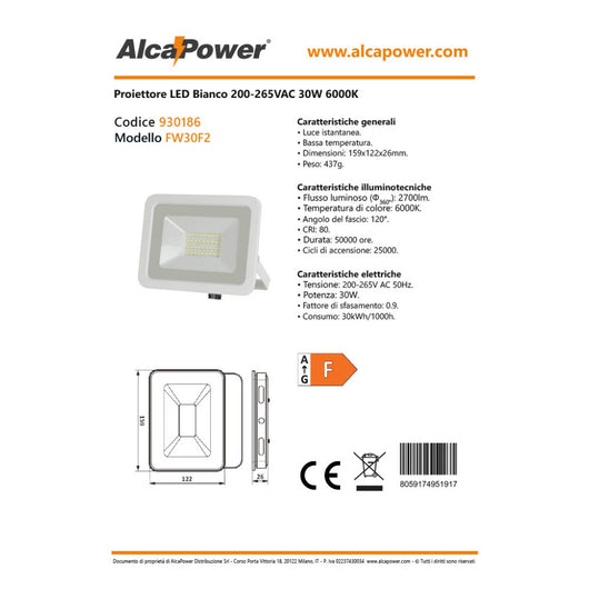 Alca power proiettore led 200-265v da 30w 6000°k luce fredda