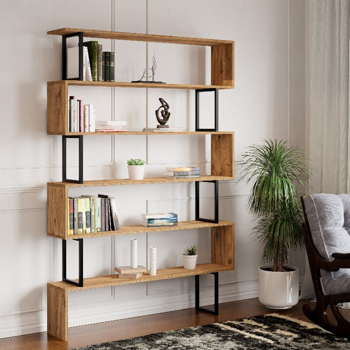 Libreria Giuliana, Rovere, Truciolare Melaminico, 135x25,5x195 cm, EPIKASA