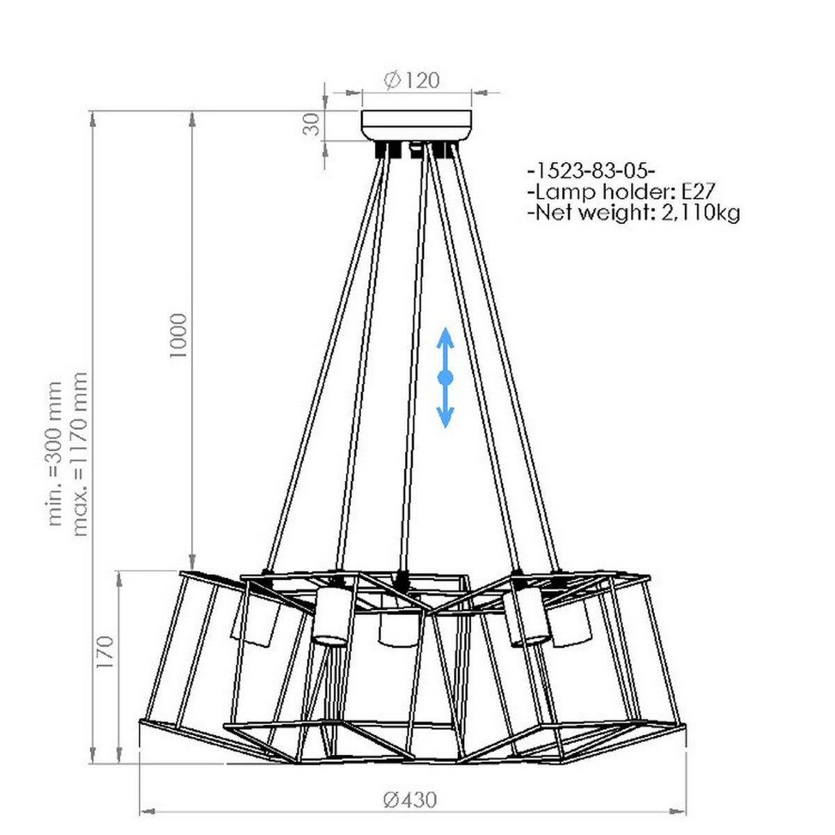 Lampada a Sospensione Mako, Nero, Metallo, 43x43x117 cm, EPIKASA