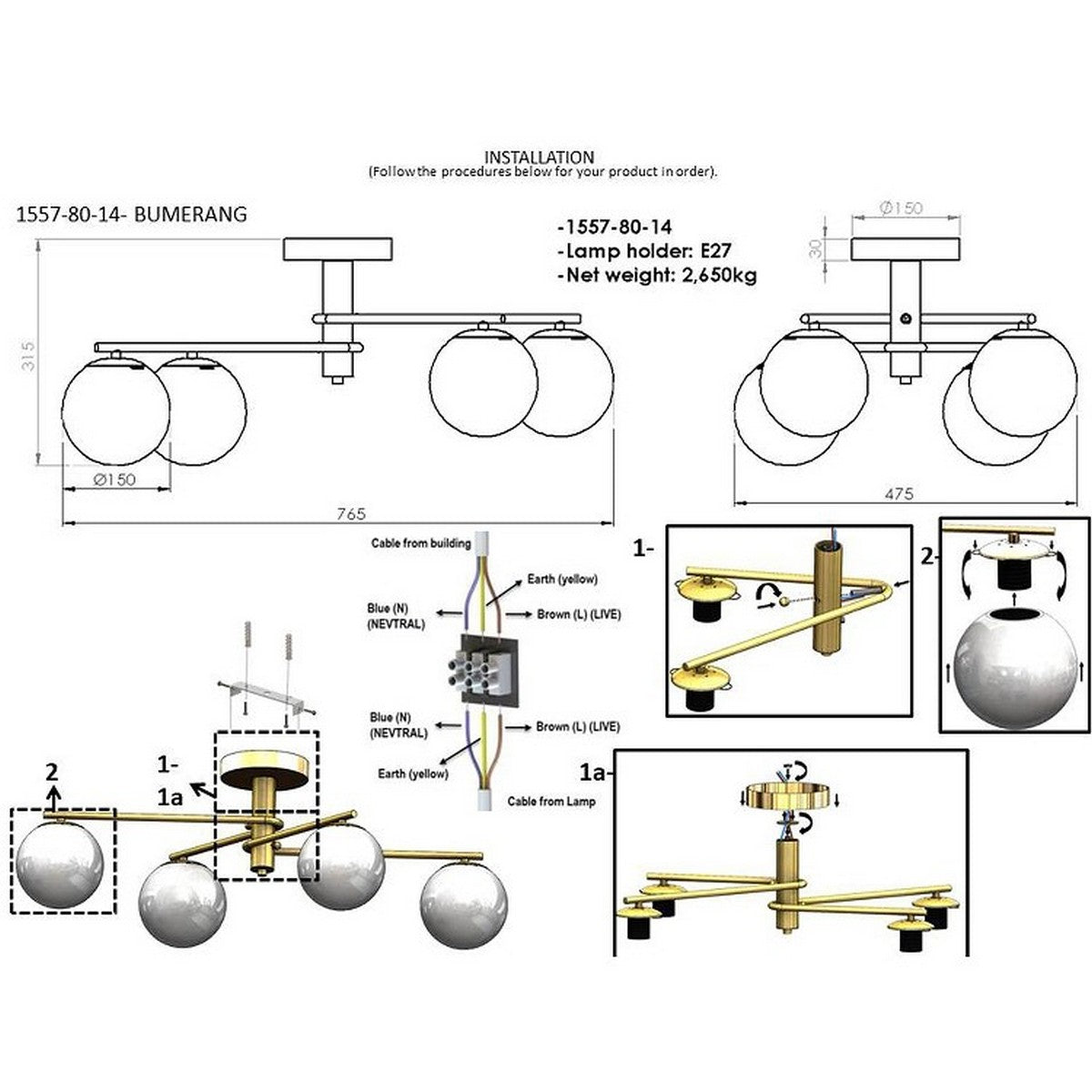 Lampada a Soffitto Benevento, Oro, Metallo, 47,5x76,5x31,5 cm, EPIKASA