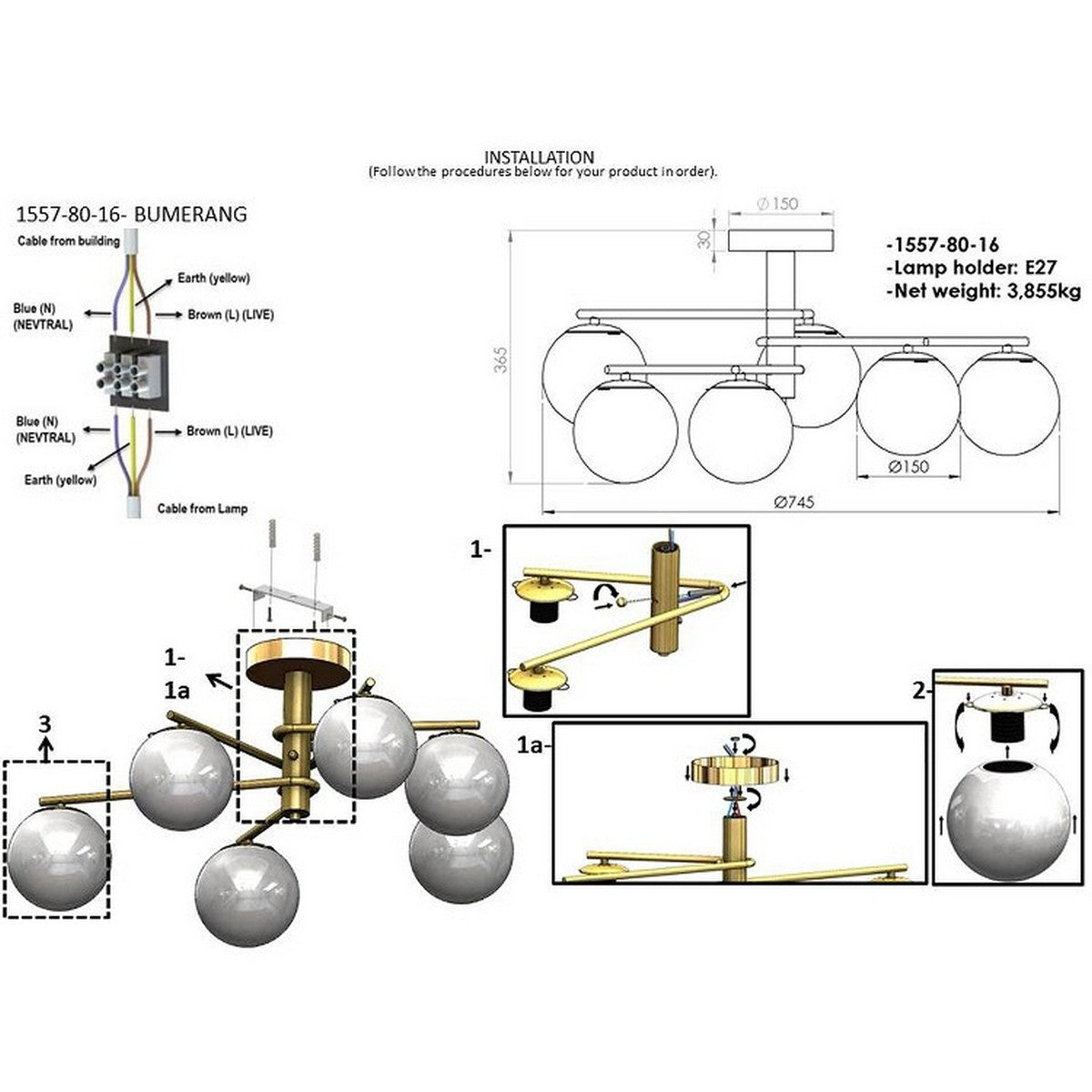 Lampada a Soffitto Benevento, Oro, Metallo, 76,5x76,5x36,5 cm, EPIKASA