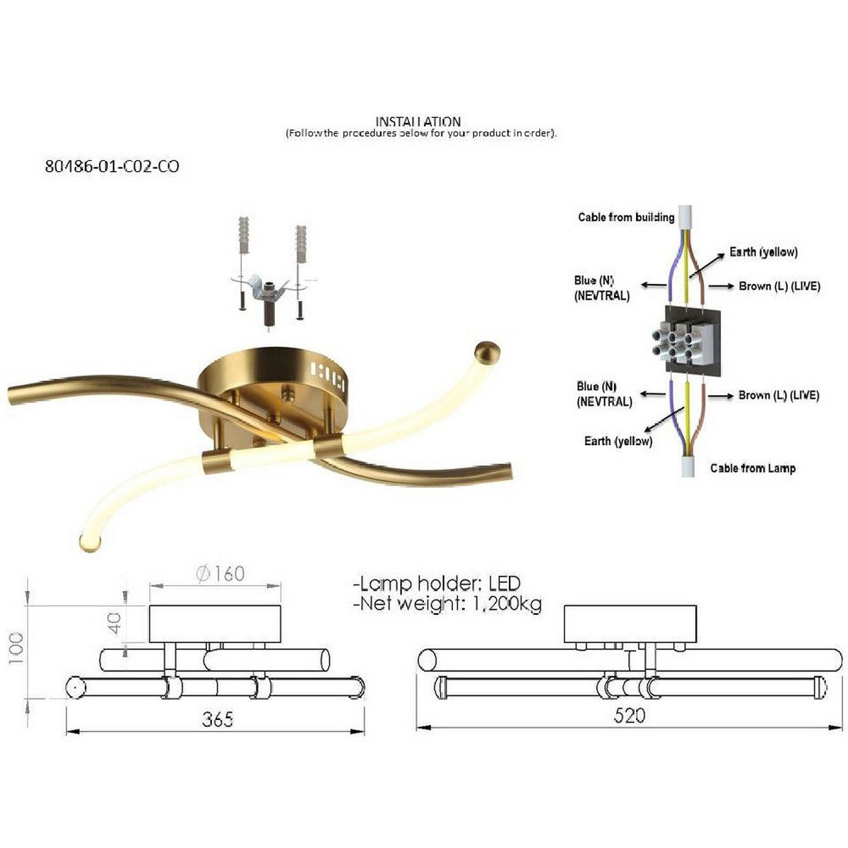 Lampada a Soffitto Alessandria, Oro, Metallo, 36,5x52x10 cm, EPIKASA