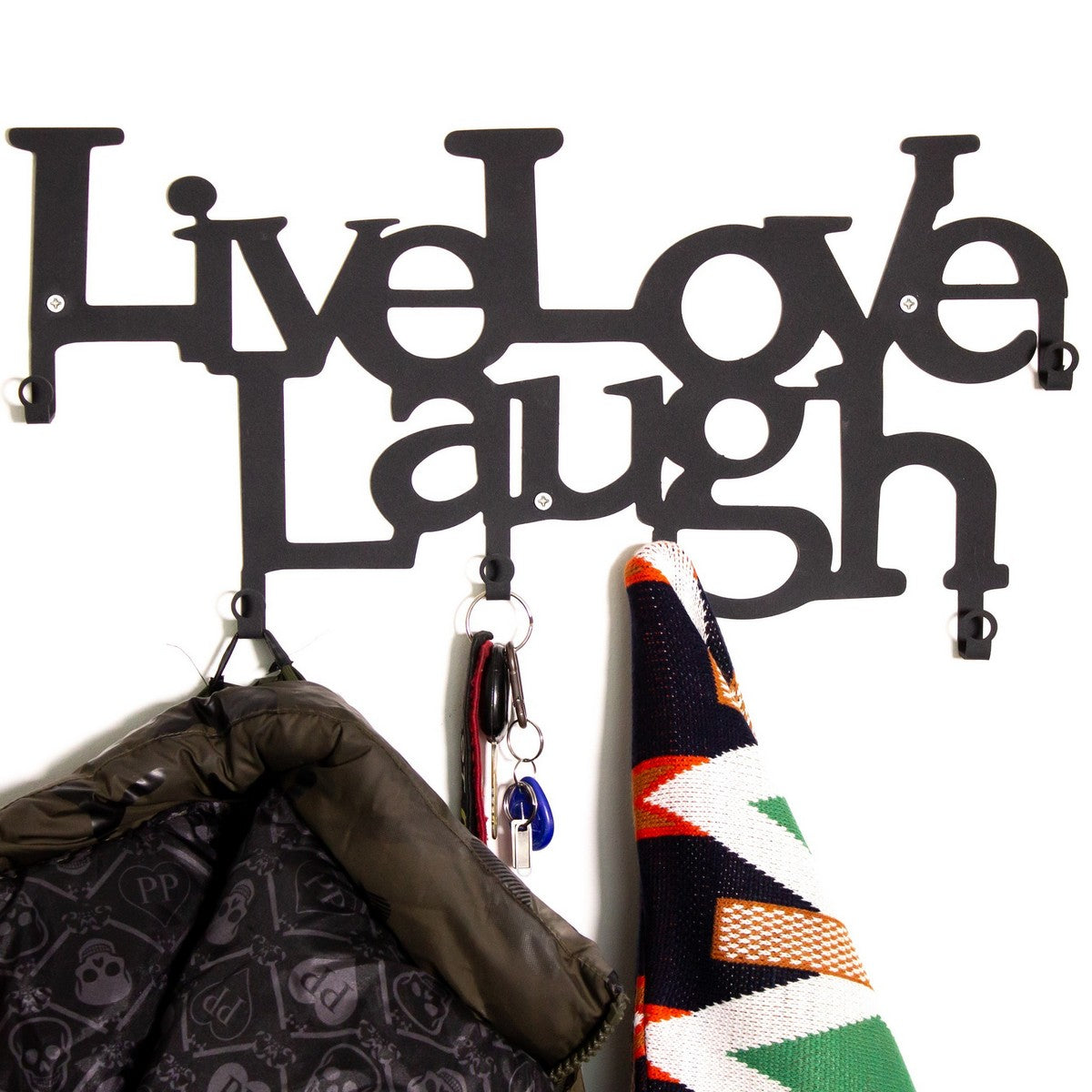 Appendiabiti da Parete Live Love Laugh, Nero, Metallo, 46x2x27 cm, EPIKASA