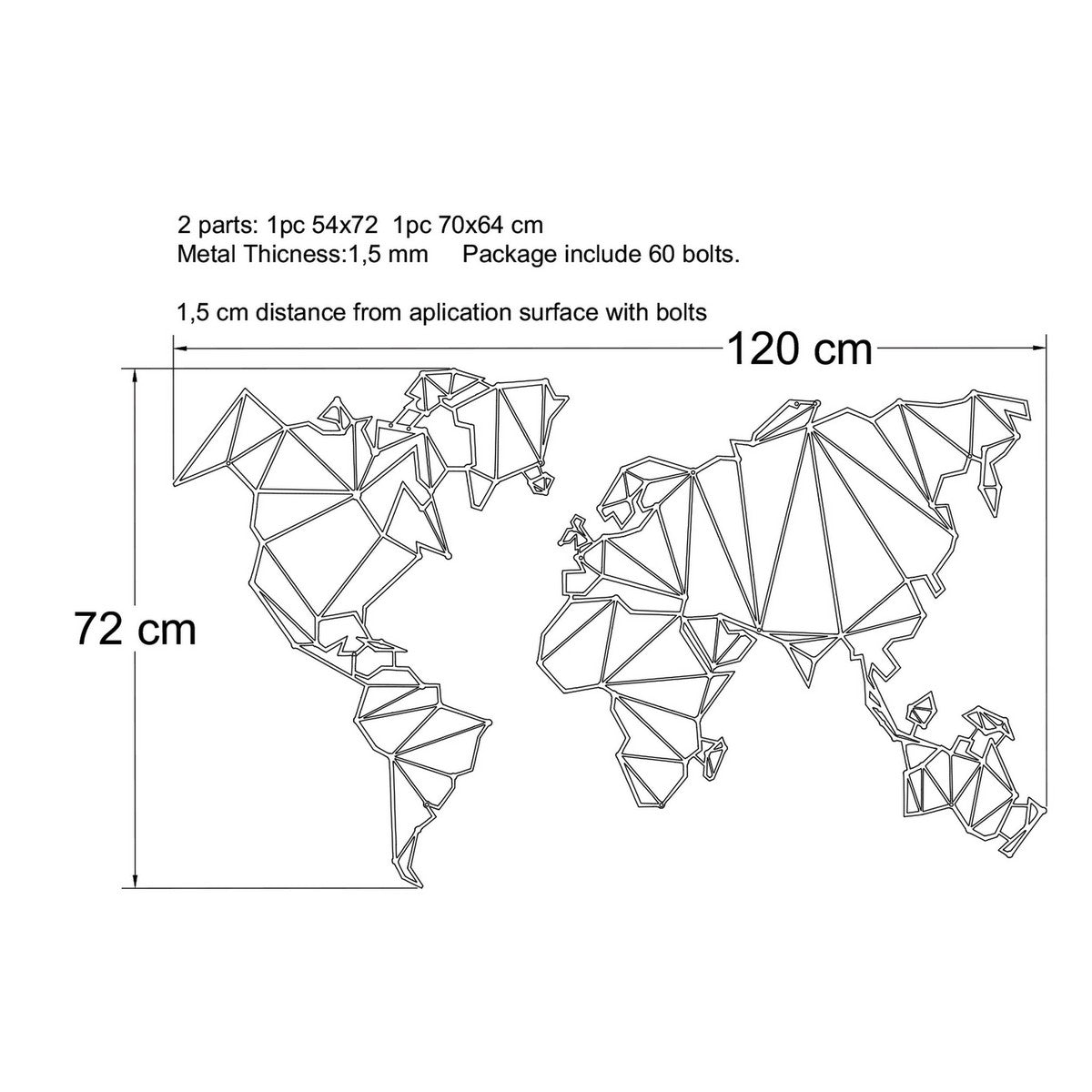 Decorazione in Metallo World map series, Nero, Metallo, 120x1,5x72 cm, EPIKASA