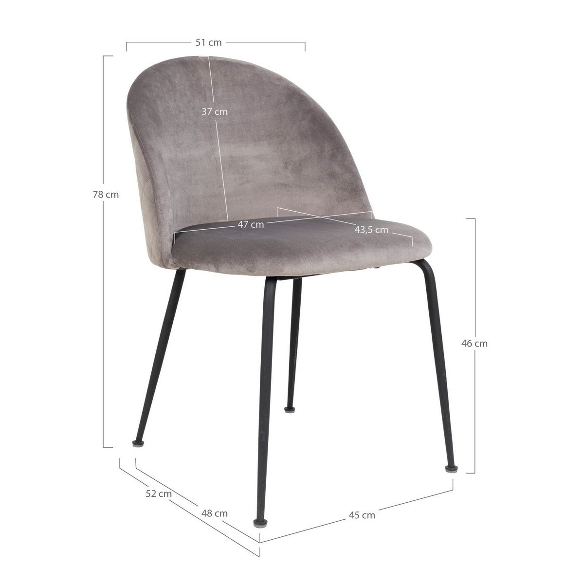 Set 2 Sedie Geneve, Grigio, Velluto, 52x51x78 cm, EPIKASA