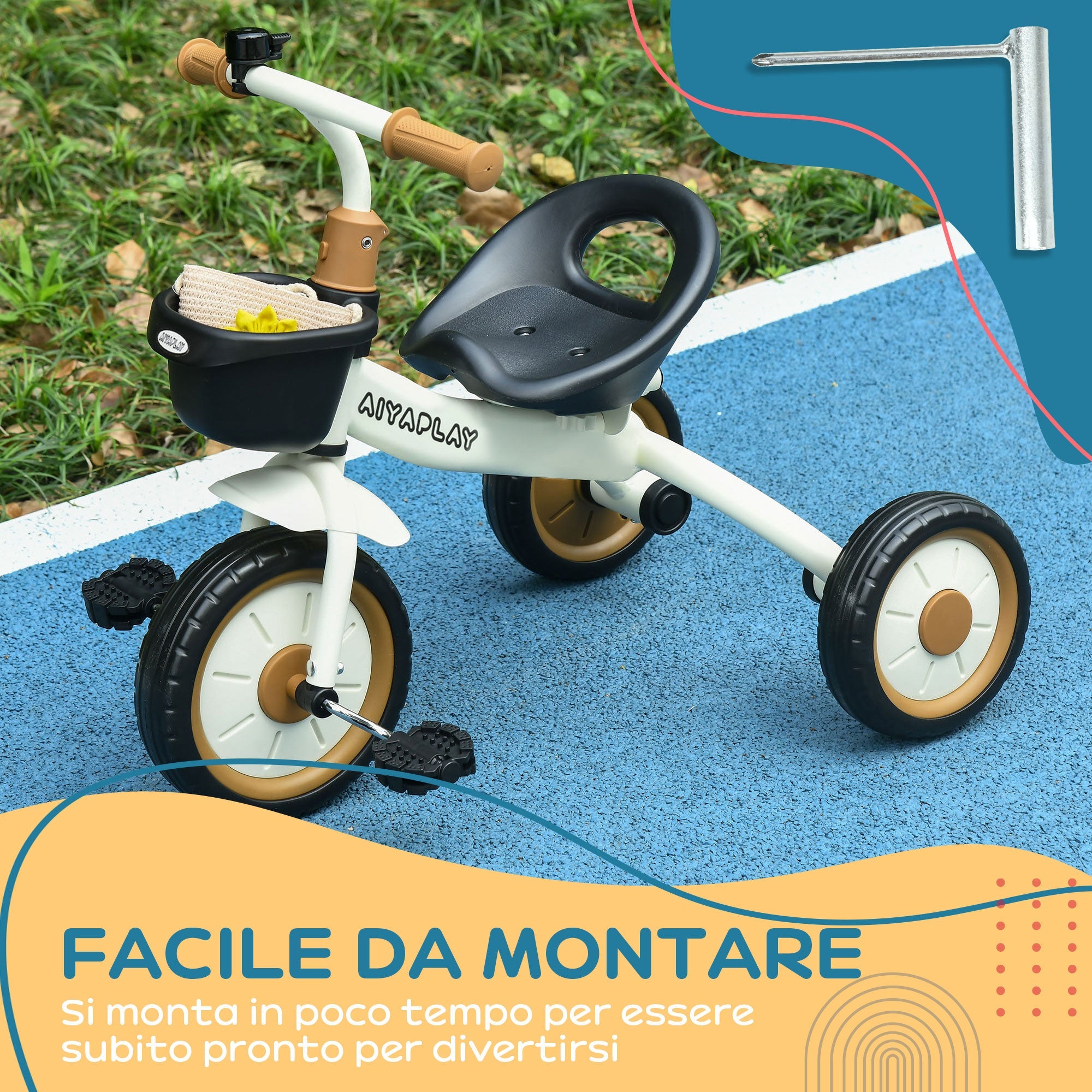 Triciclo per Bambini 70,5x50x58 cm con Seduta Regolabile e Campanello in Metallo Bianco