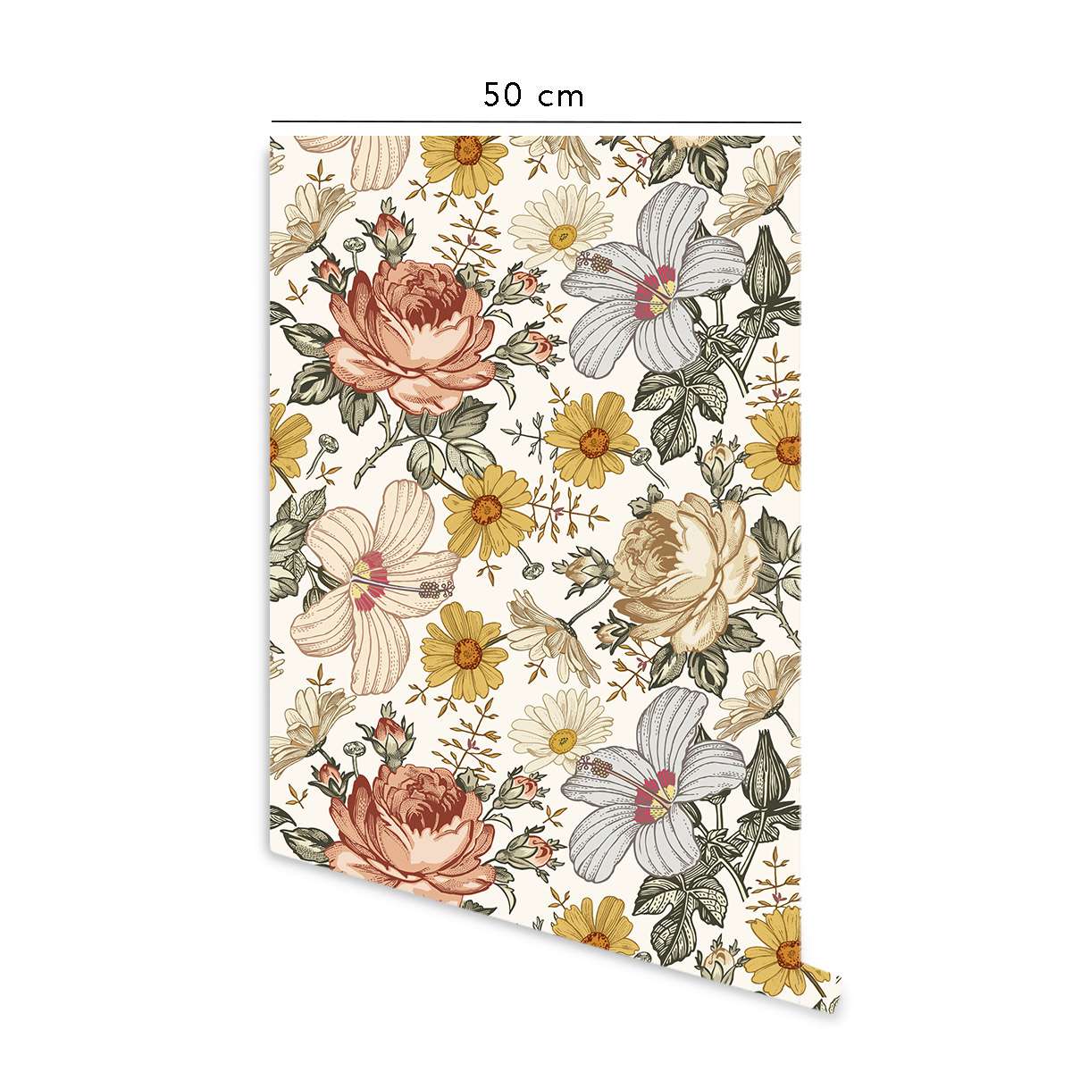 Carta da parati adesiva Fiori Vintage in vinile rosa e senape - 1 rotolo 50x300 cm - Decochic