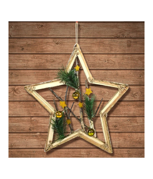 Appendino Forma Stella In Legno Rami E Palline 42cm Oro Decorazione Natale         